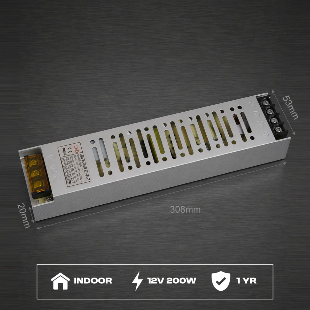 Indoor Slim LED Switching Power Supply – 12V 16.7A (200W) | For Light Boxes & Signage