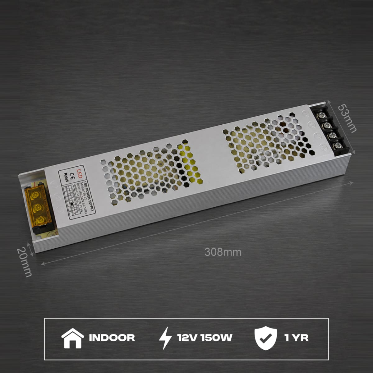 Indoor Slim LED Switching Power Supply – 12V 12.5A (150W) | For Light Boxes & Signage