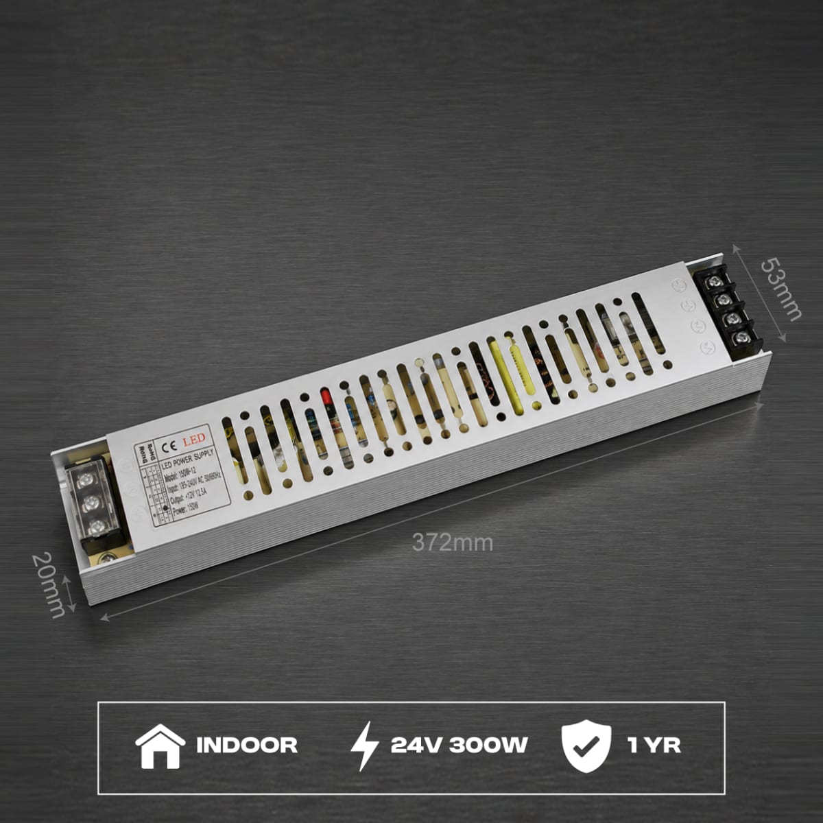 Indoor Slim LED Switching Power Supply – 24V 12.5A (300W) | For Light Boxes & Signage