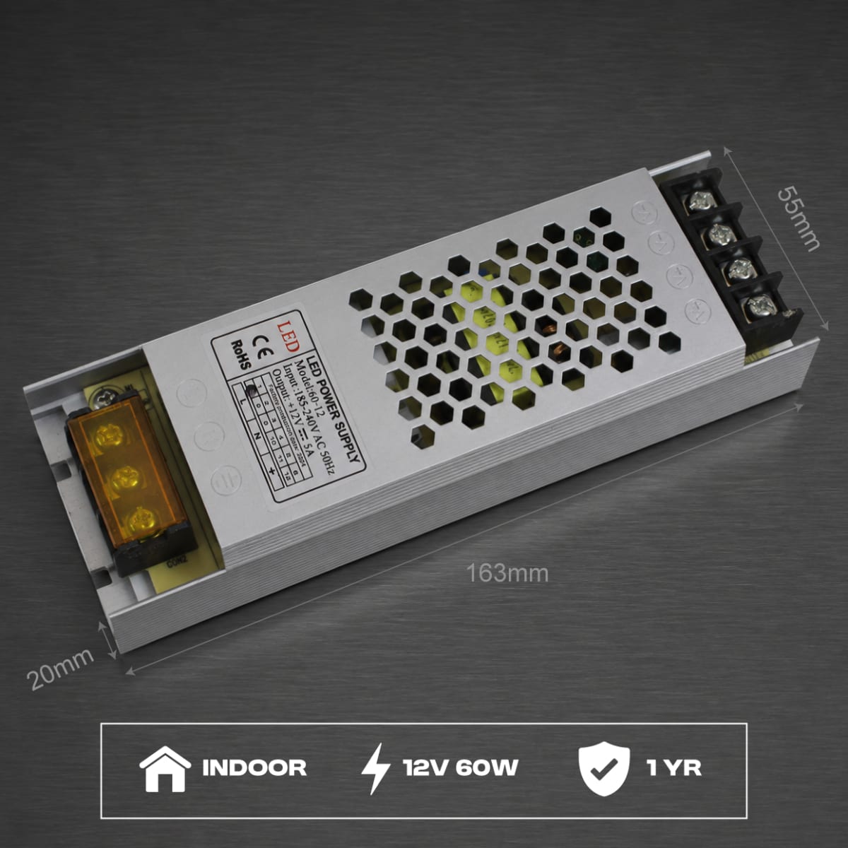 Indoor Slim LED Switching Power Supply – 12V 5A (60W) | For Light Boxes & Signage