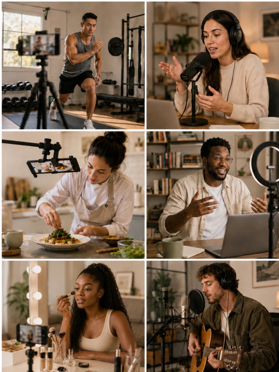 A montage of six creators and influencers filming and recording their work