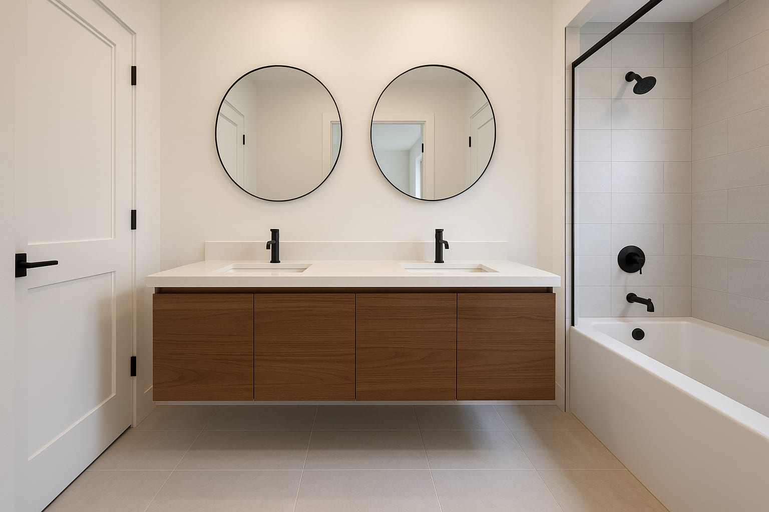 Jack & Jill bathroom with dual sinks and tub/shower combo