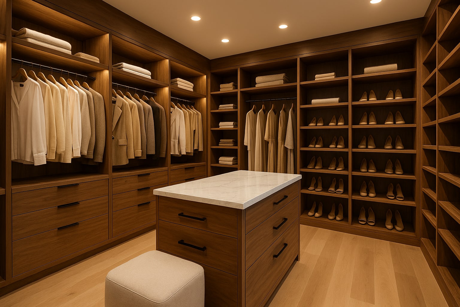 Primary walk-in closet with custom built-ins, island dresser, and LED lighting