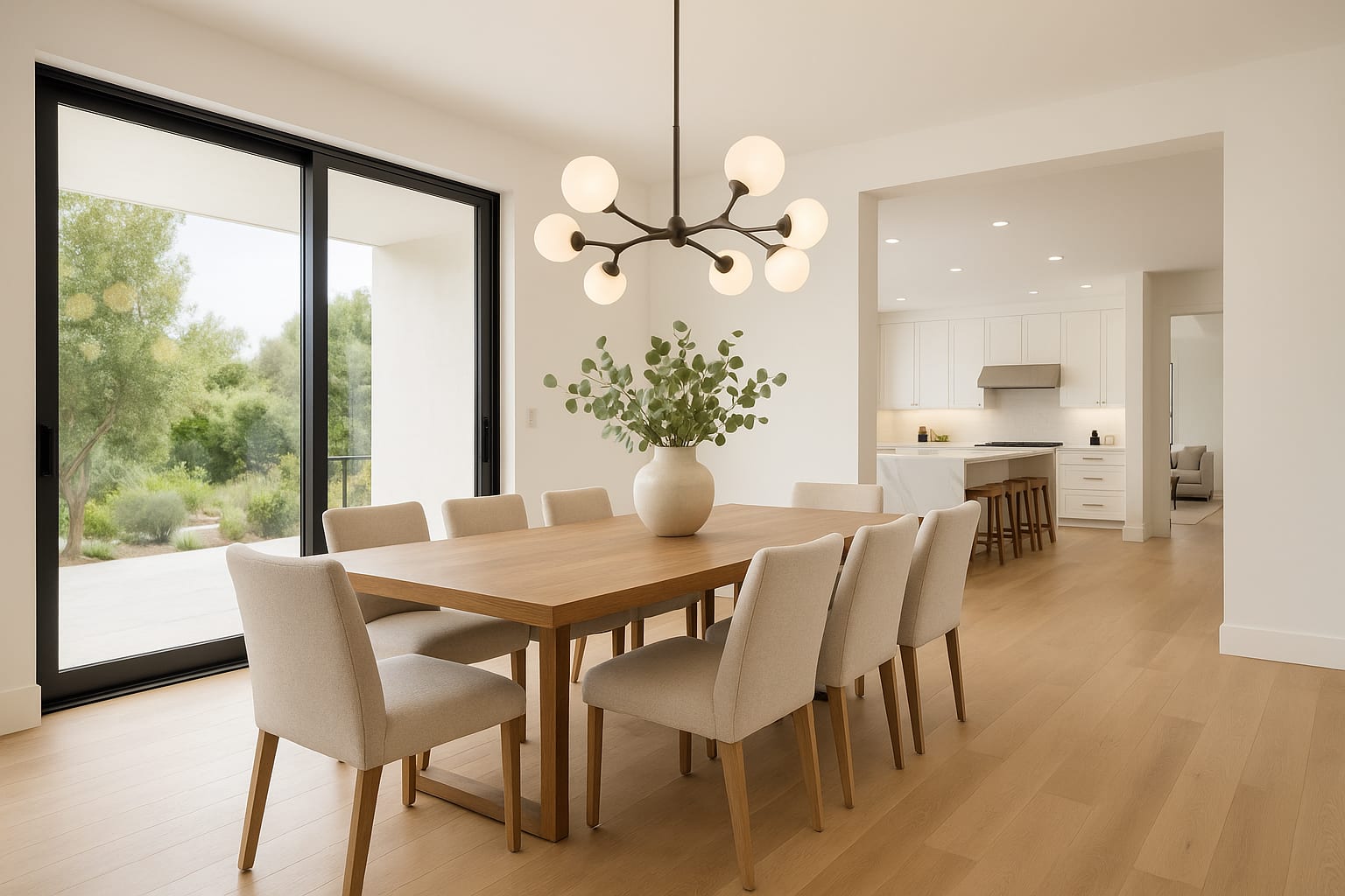 Dining area open to kitchen with contemporary chandelier and patio access