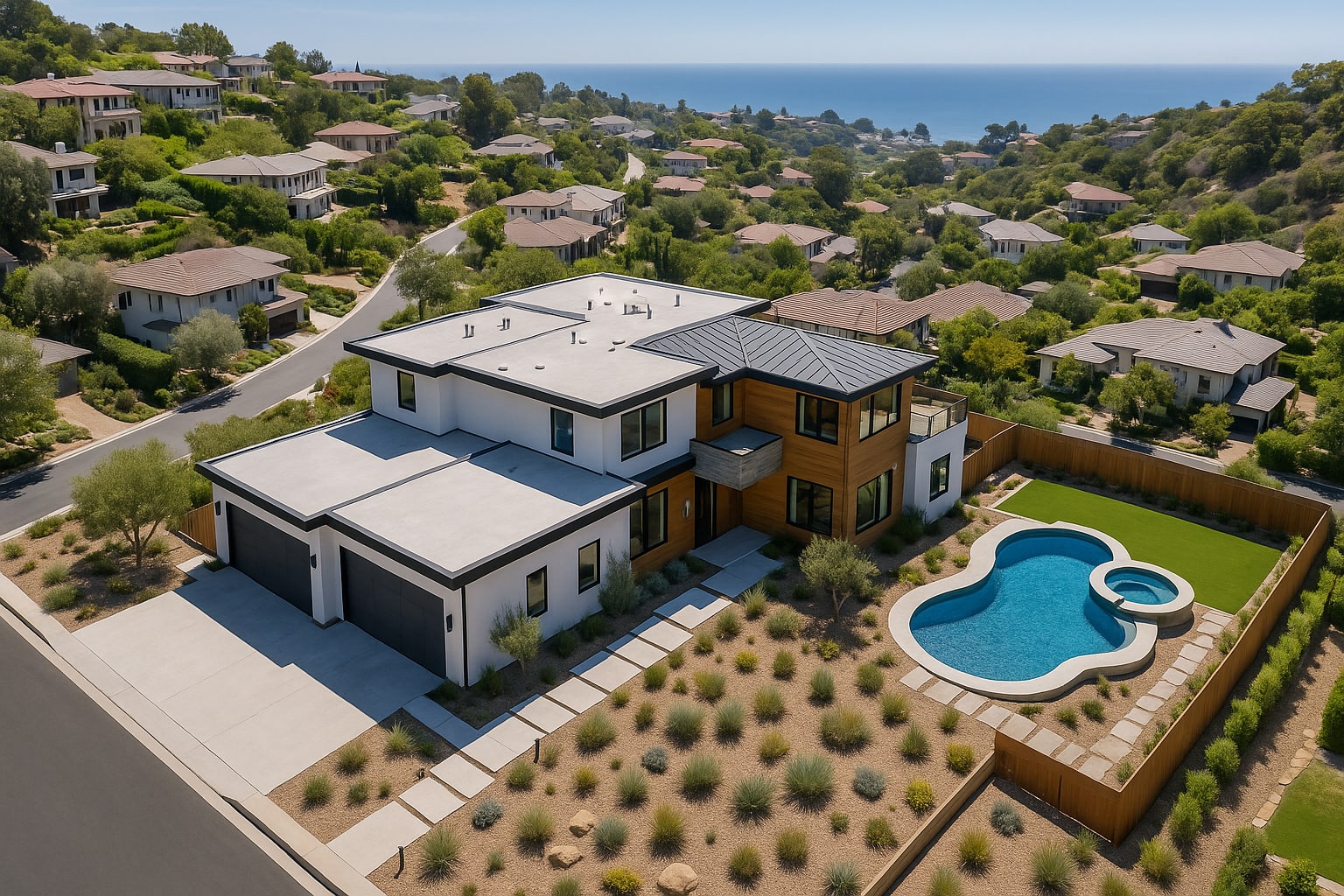 Aerial view showing lot layout, pool, landscaping, and 3-car garage