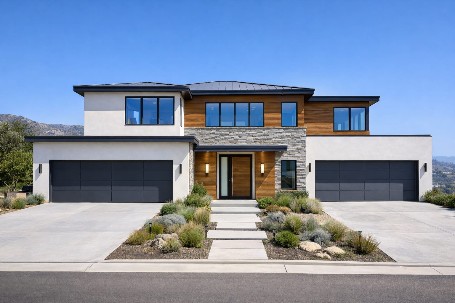 Daytime view of front elevation showing white stucco, natural stone, and warm wood cladding