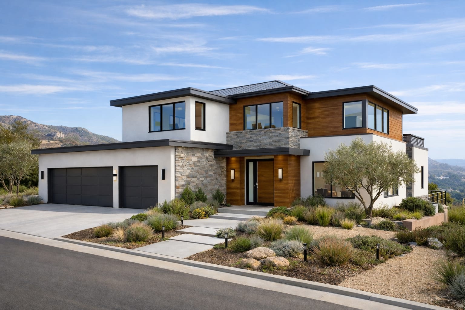 Front exterior of 742 Meridian Drive at golden hour — modern contemporary architecture with flat roof, mixed materials, and warm lighting