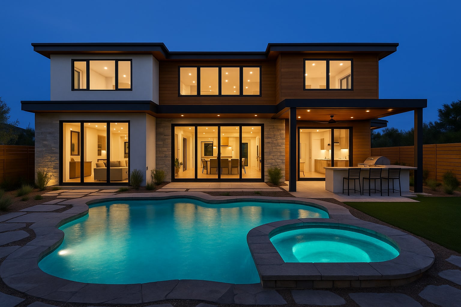Rear exterior with saltwater pool, covered patio, and floor-to-ceiling windows