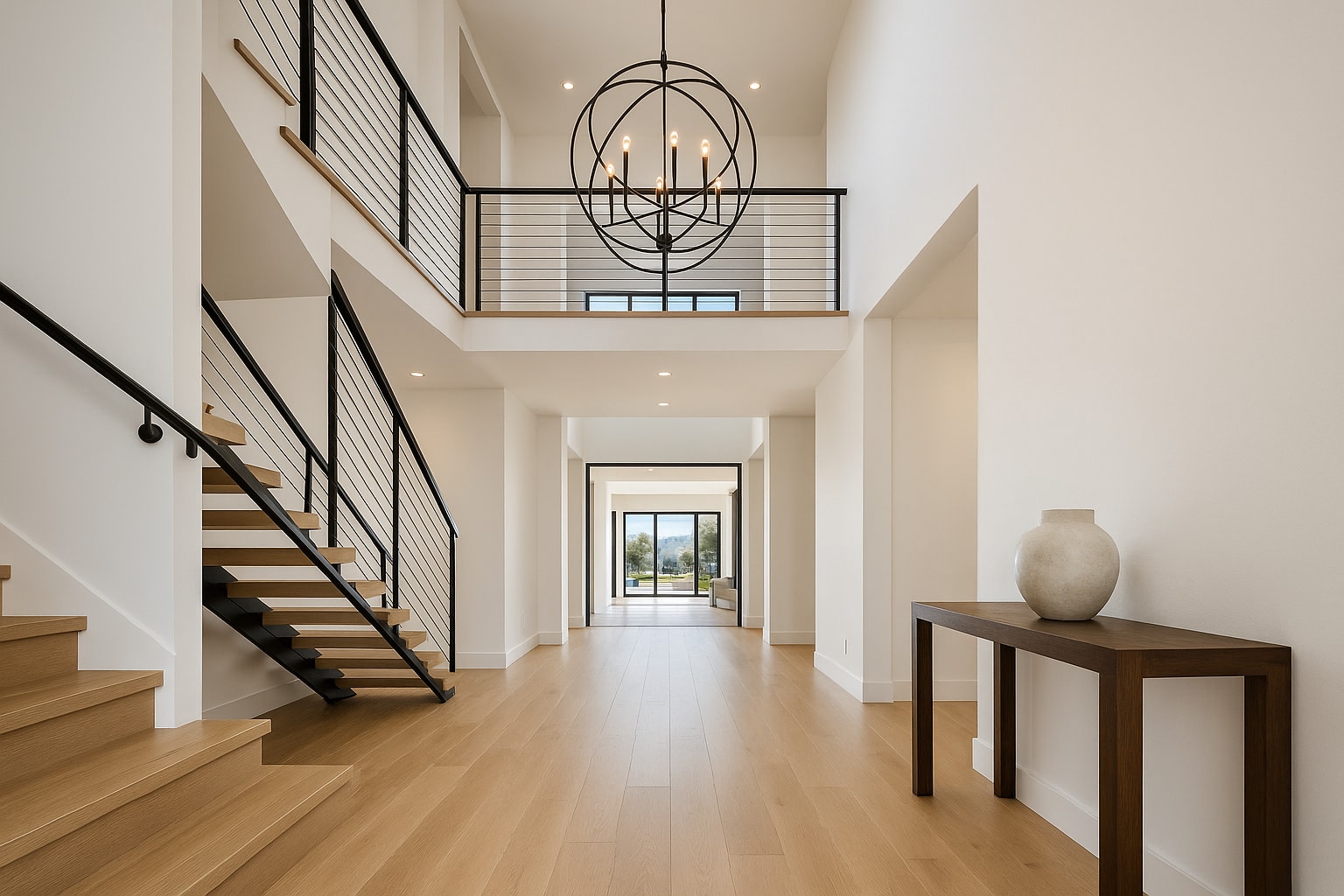Grand foyer entry with double-height ceiling, contemporary lighting, and white oak floors