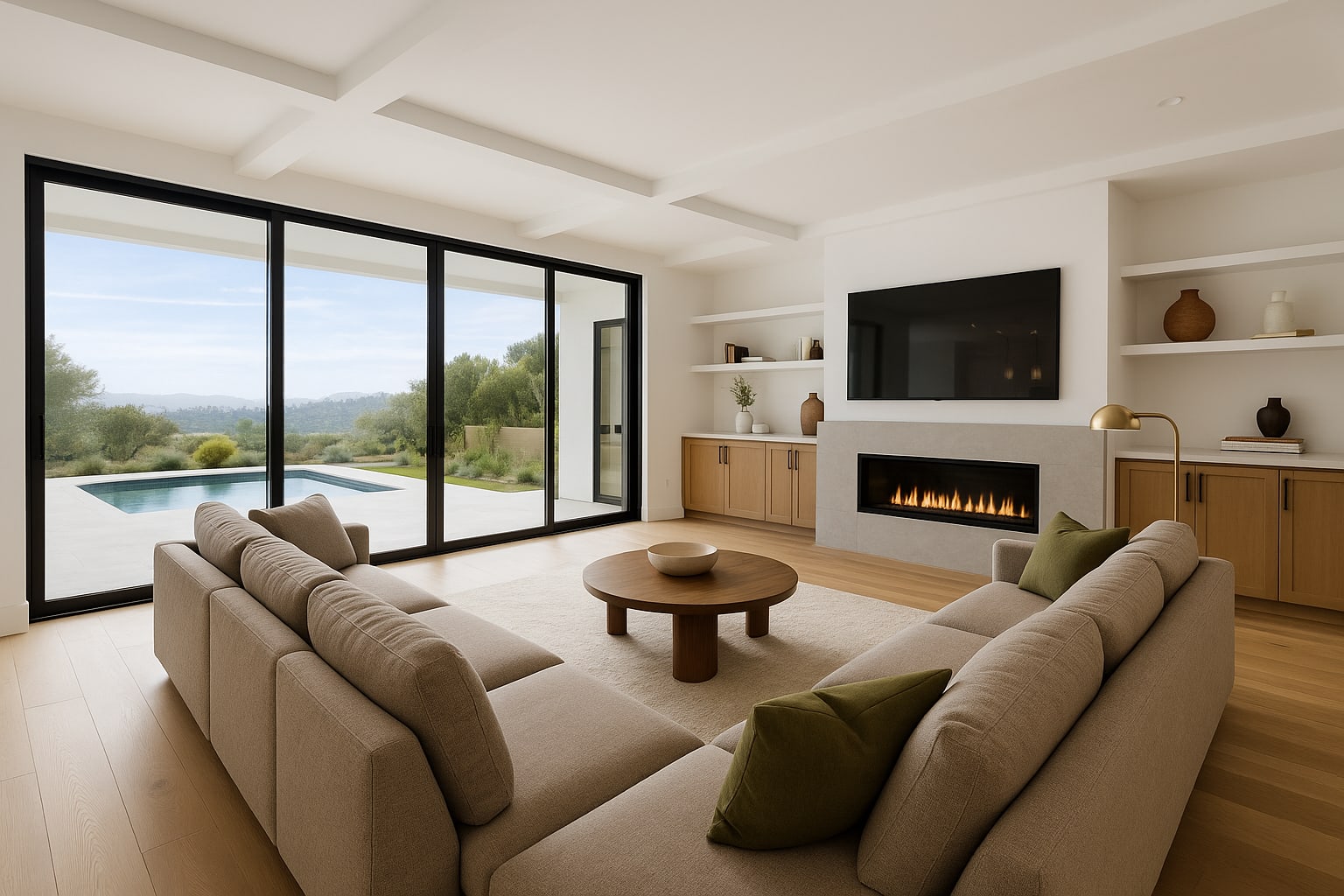 Great room with floor-to-ceiling windows, linear fireplace, and open layout to kitchen