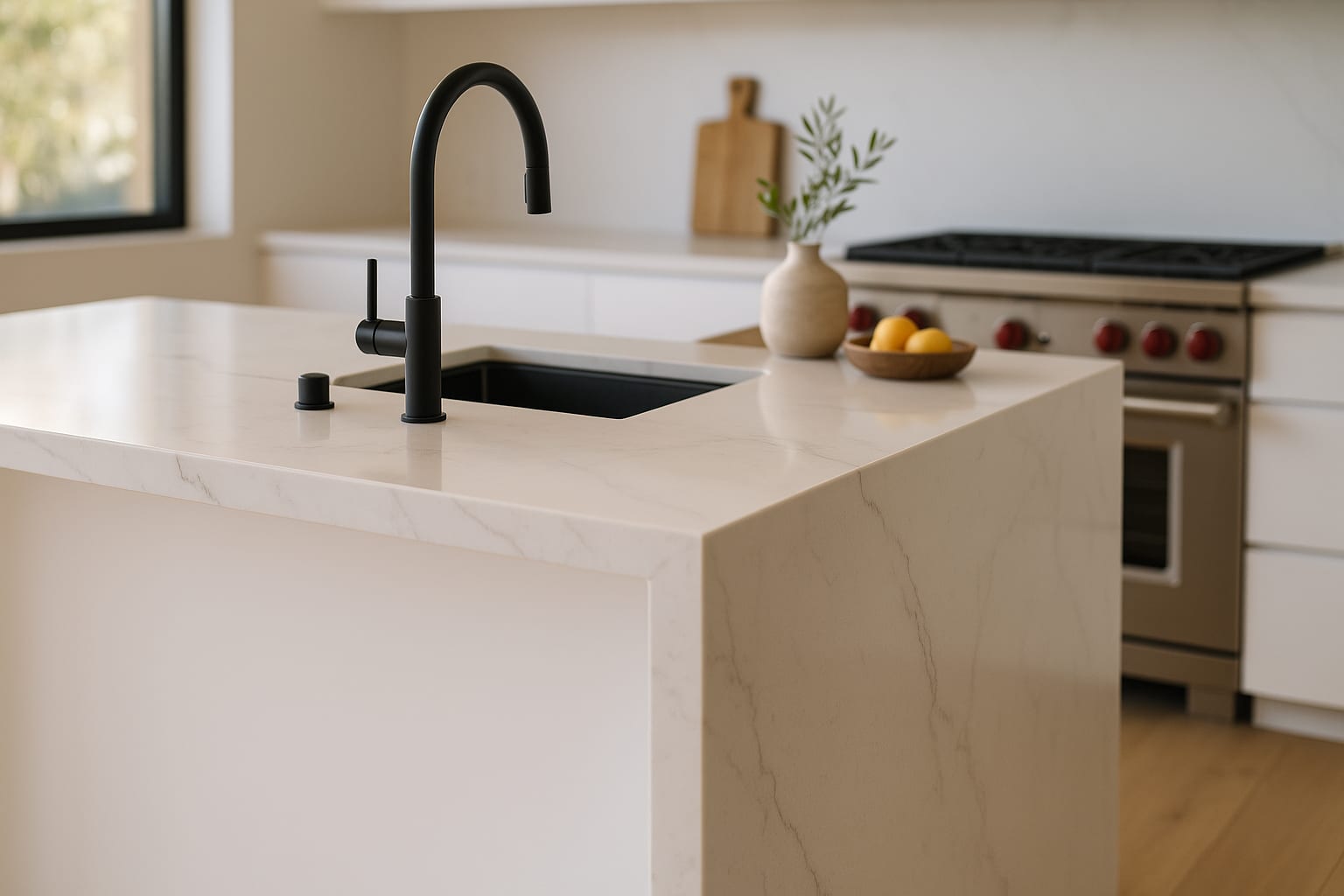 Kitchen detail — Calacatta quartz countertops, matte black fixtures, integrated appliances