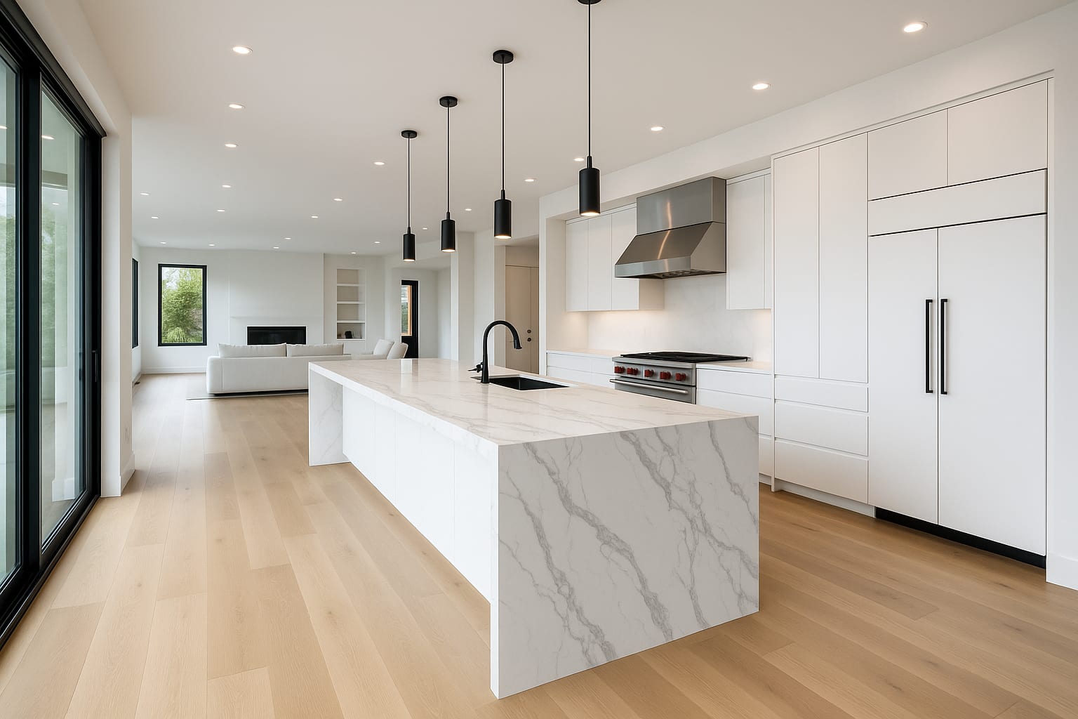 Chef's kitchen with waterfall quartz island, Sub-Zero and Wolf appliances, white oak cabinetry