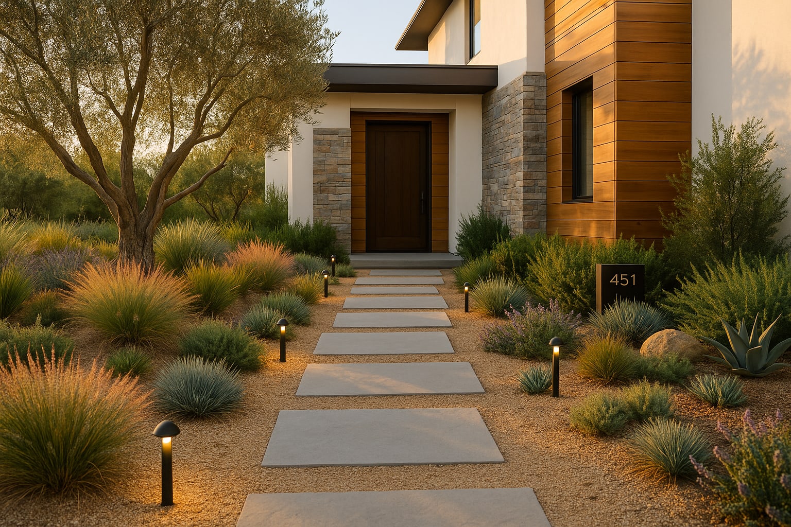 Professionally landscaped front yard with drought-tolerant native plants and pathway lighting