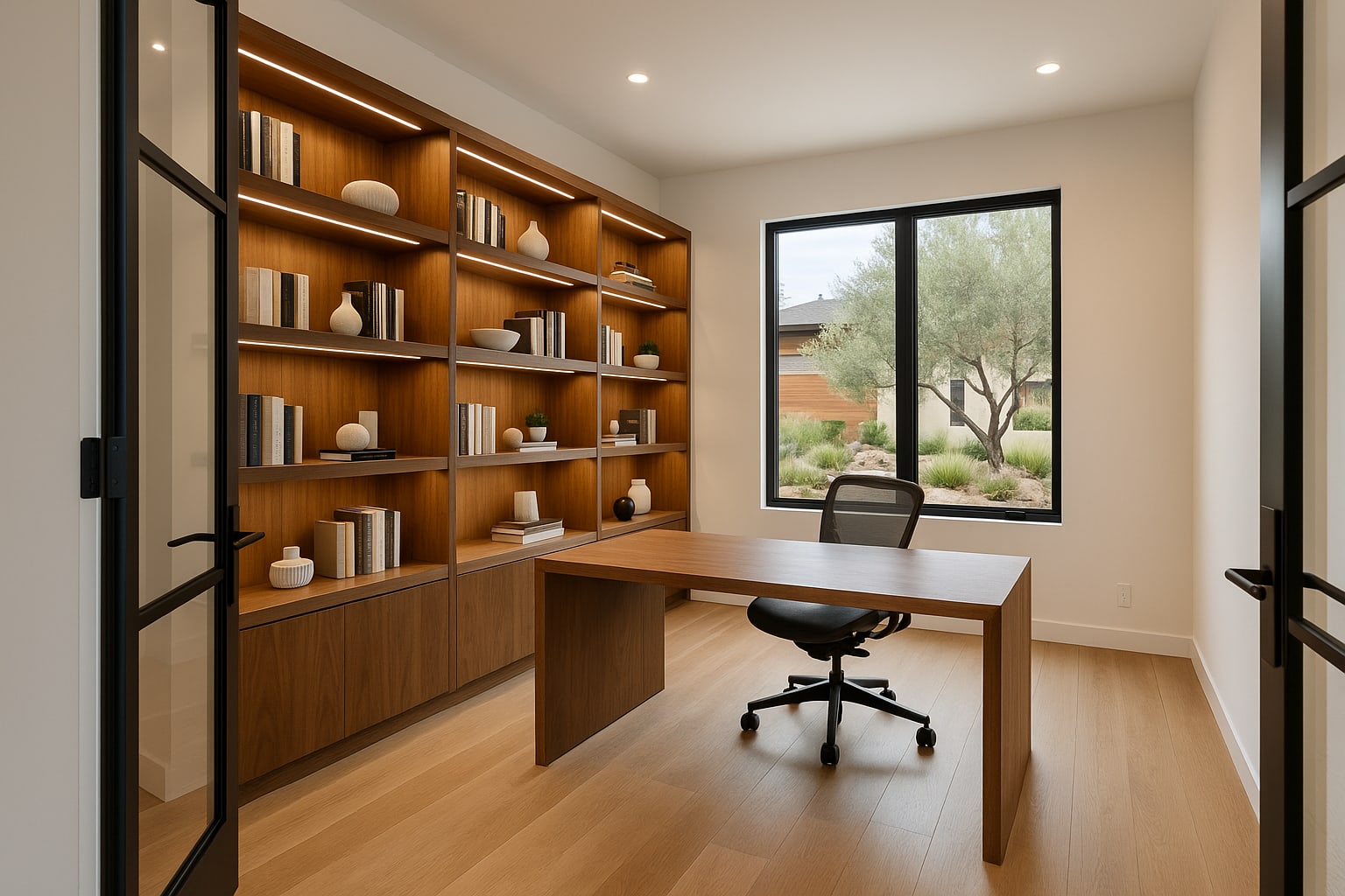 Home office with built-in shelving, glass door, and ethernet-wired workspace