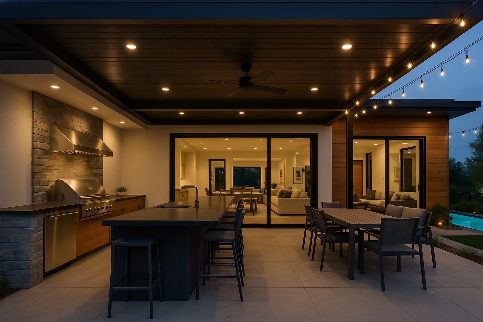 Covered outdoor kitchen with built-in grill, bar seating, and ceiling fans