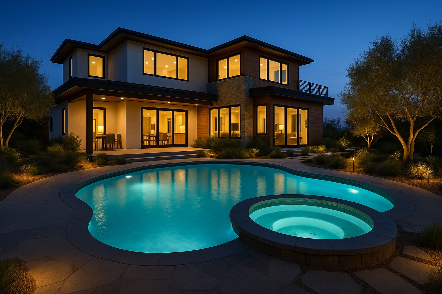 Saltwater pool with LED lighting, sun shelf, and stone surround patio