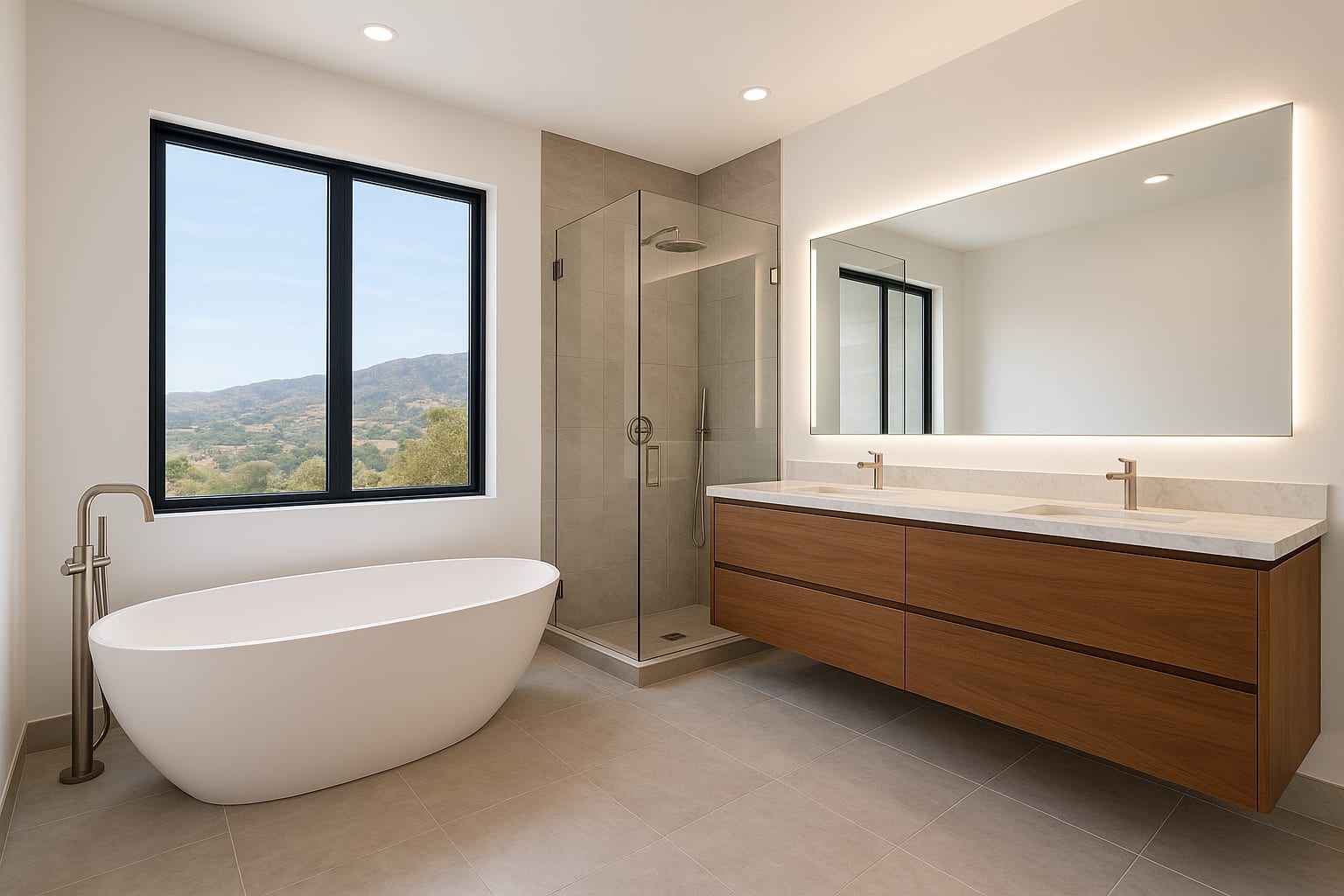 Primary bathroom with freestanding soaking tub, walk-in rain shower, dual vanity, and heated floors