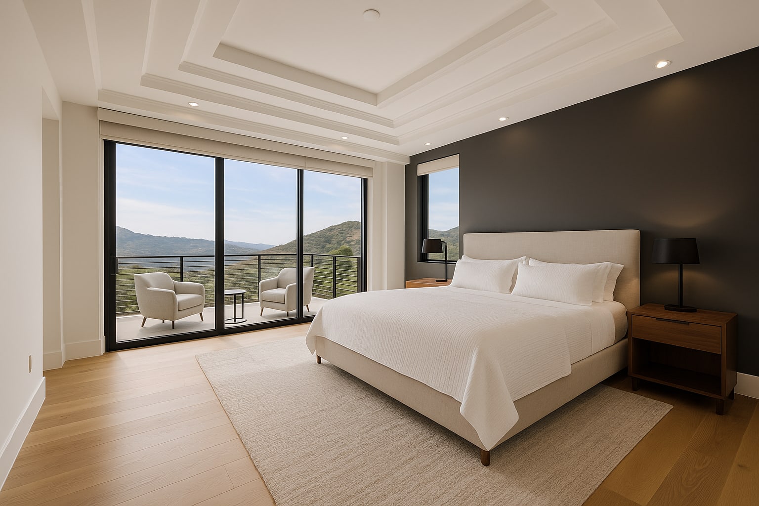 Primary suite with coffered ceiling, sitting area, and private balcony overlooking hillside