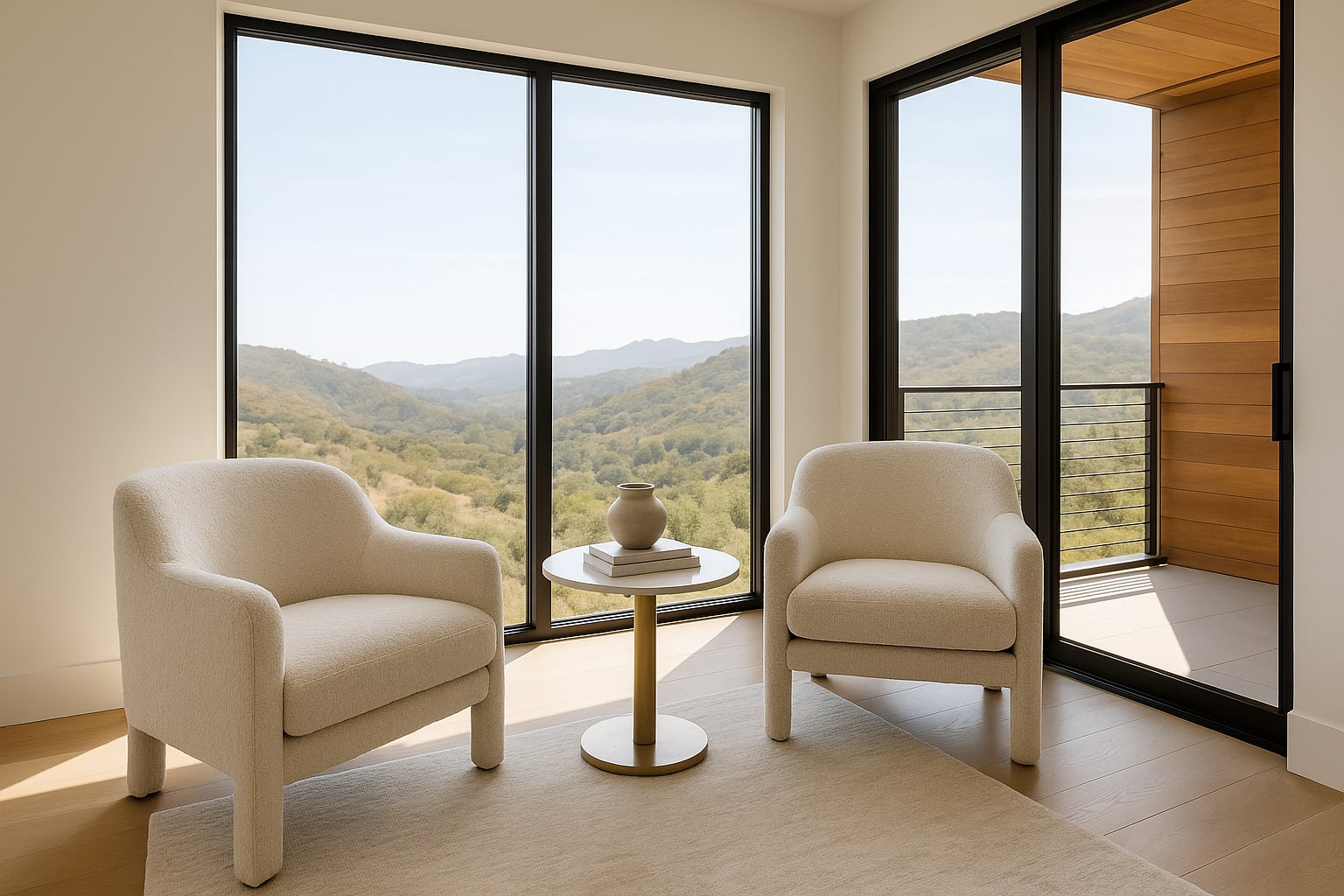 Primary suite sitting area with floor-to-ceiling windows and mountain views