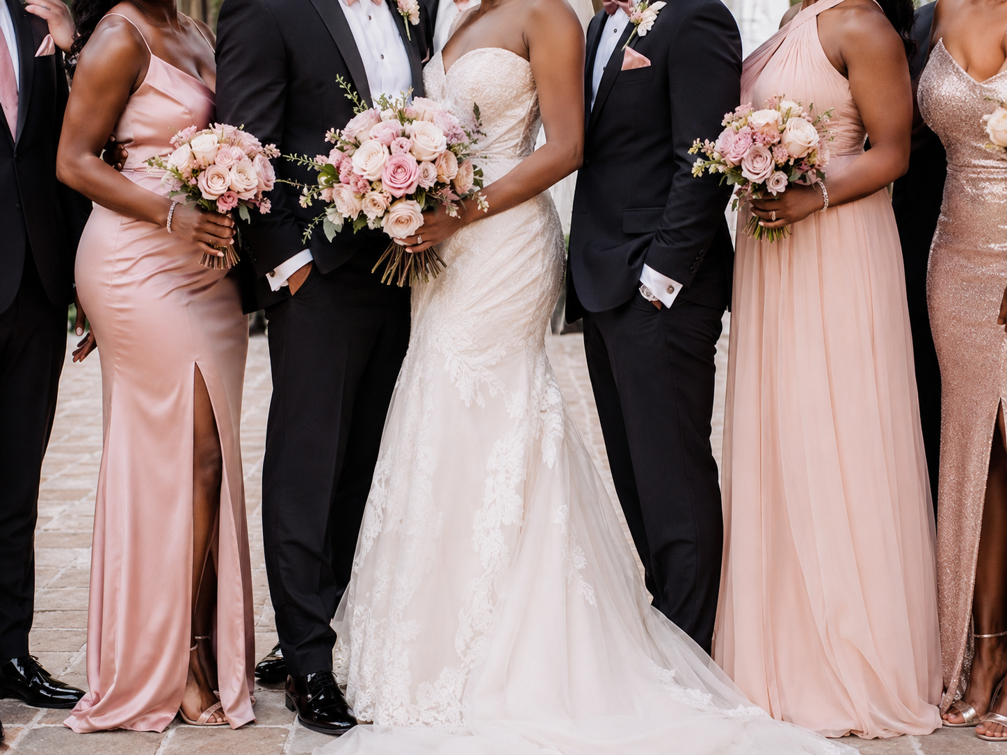 Bridal party in blush gowns and black tie suits with rose bouquets.