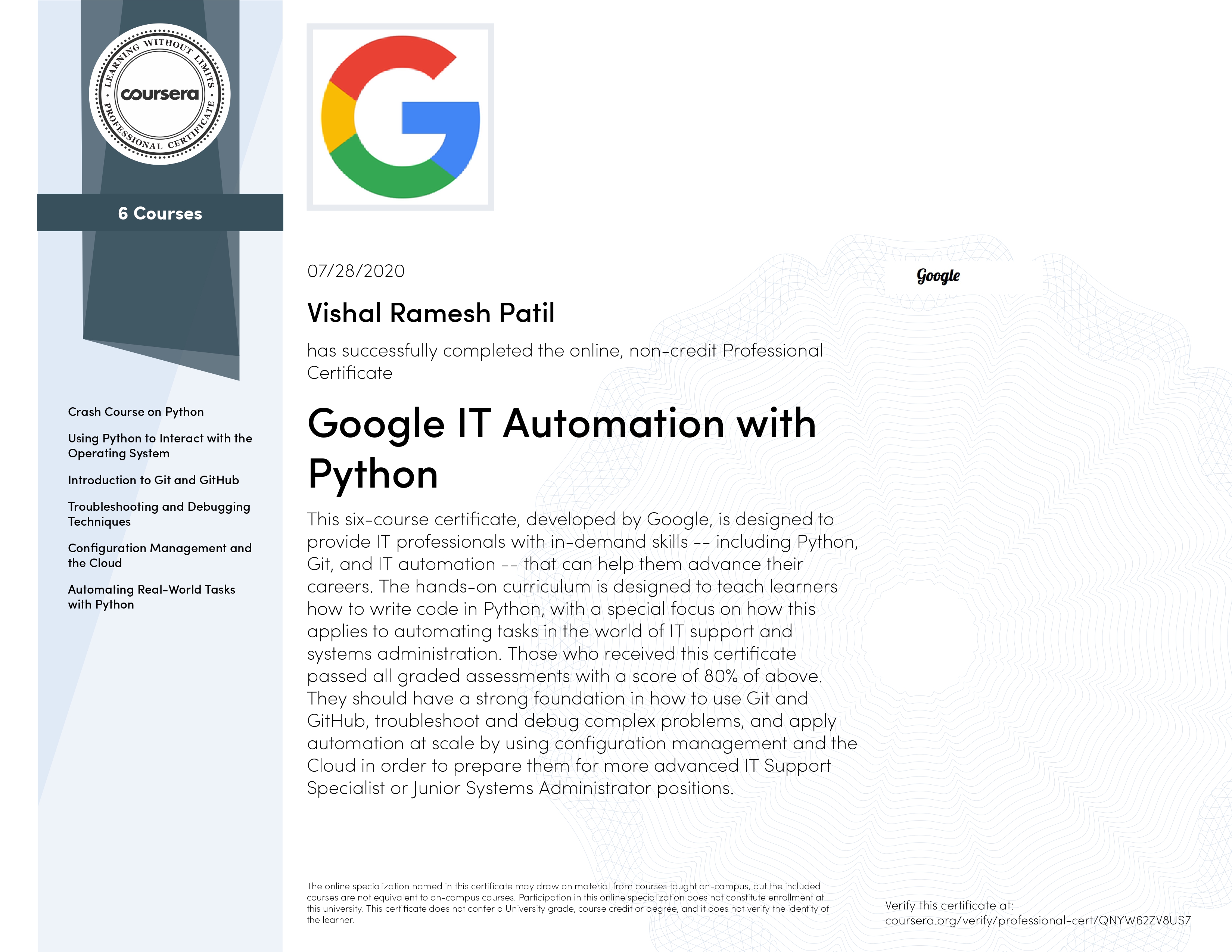 Google IT Automation with Python Specialization