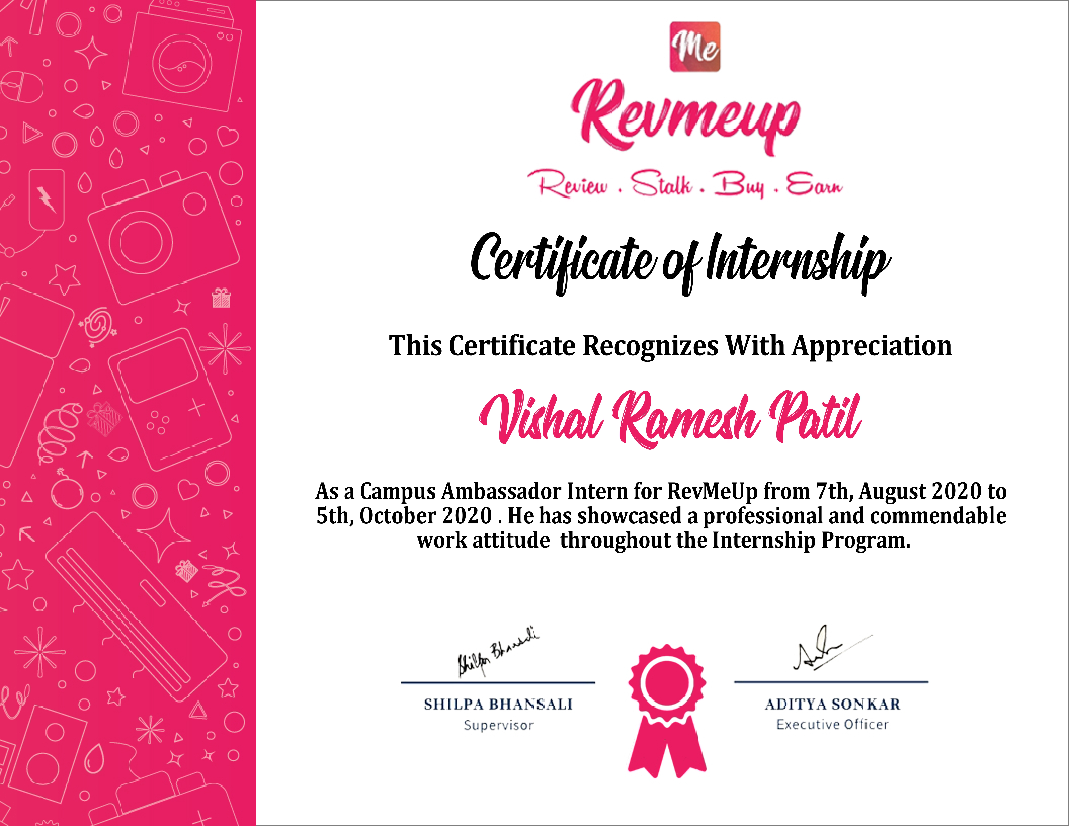 Revmeup Campus Ambassador Internship Completion Certificate
