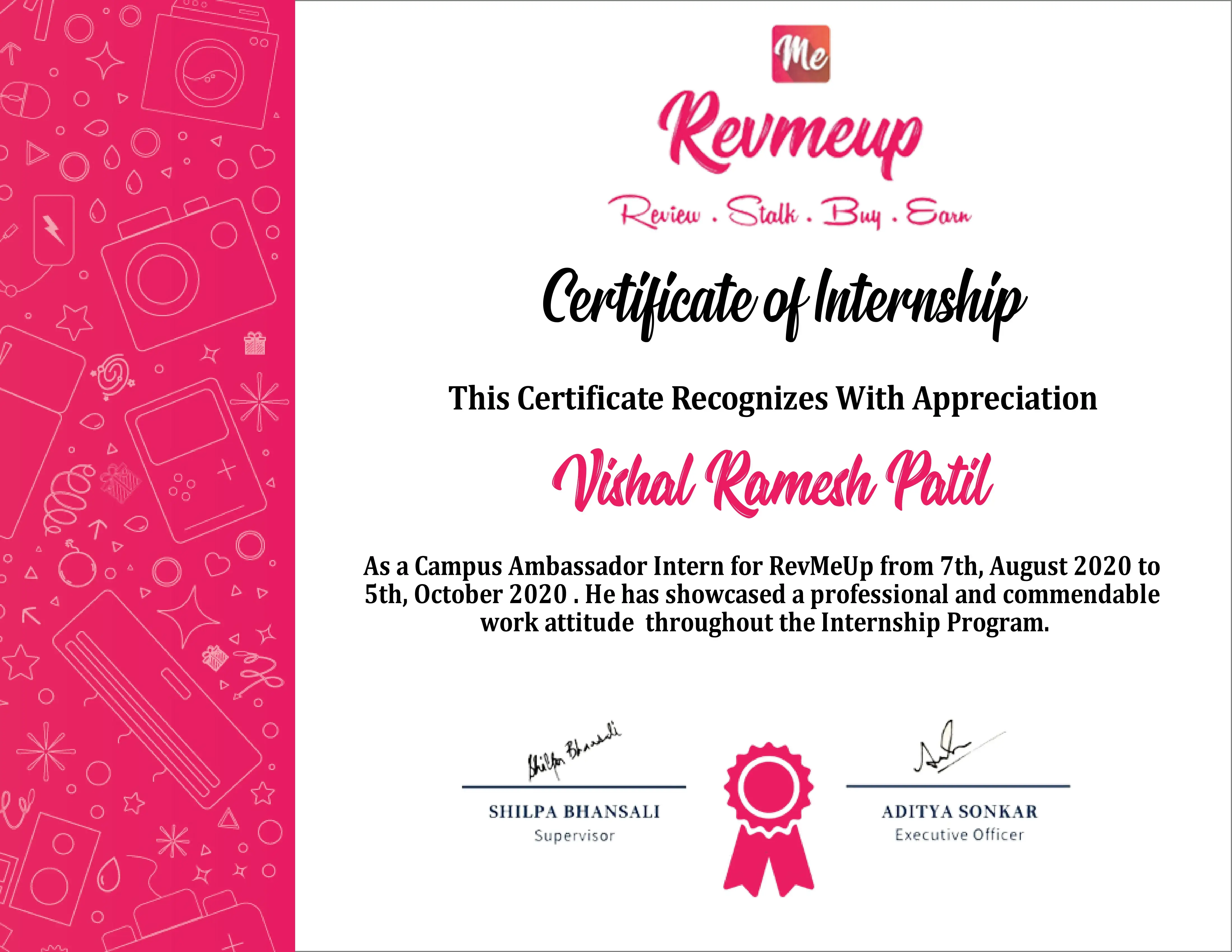 Revmeup Campus Ambassador Internship Completion Certificate