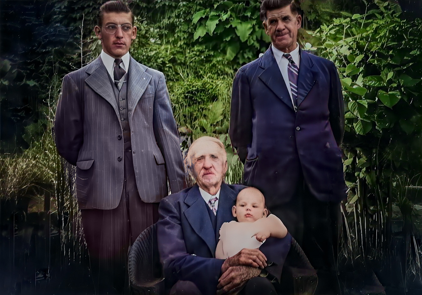 After, restored photo of four men from different generations