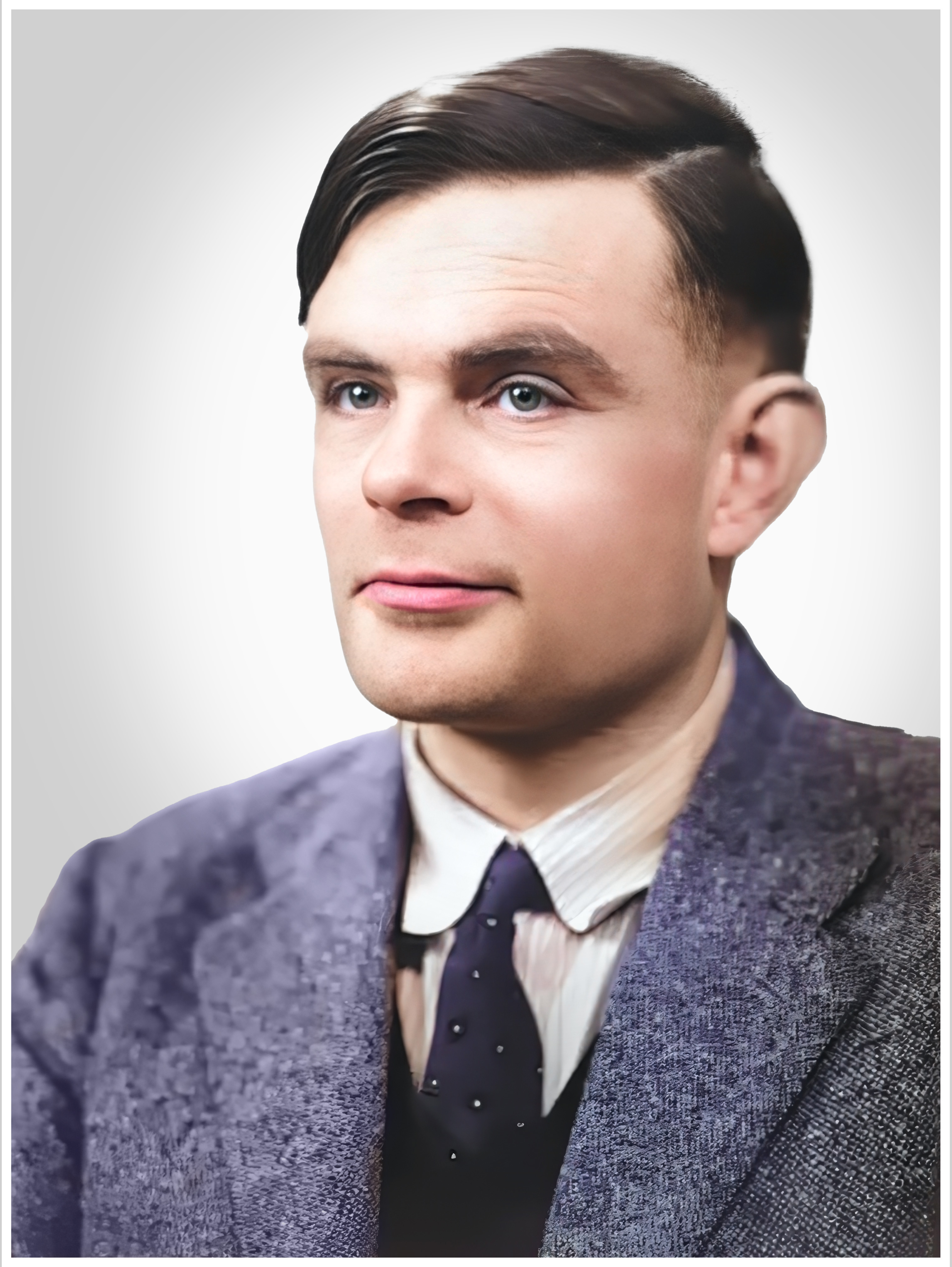 Restored and colorized portrait of Alan Turing, natural skin tones and blue suit, clean background