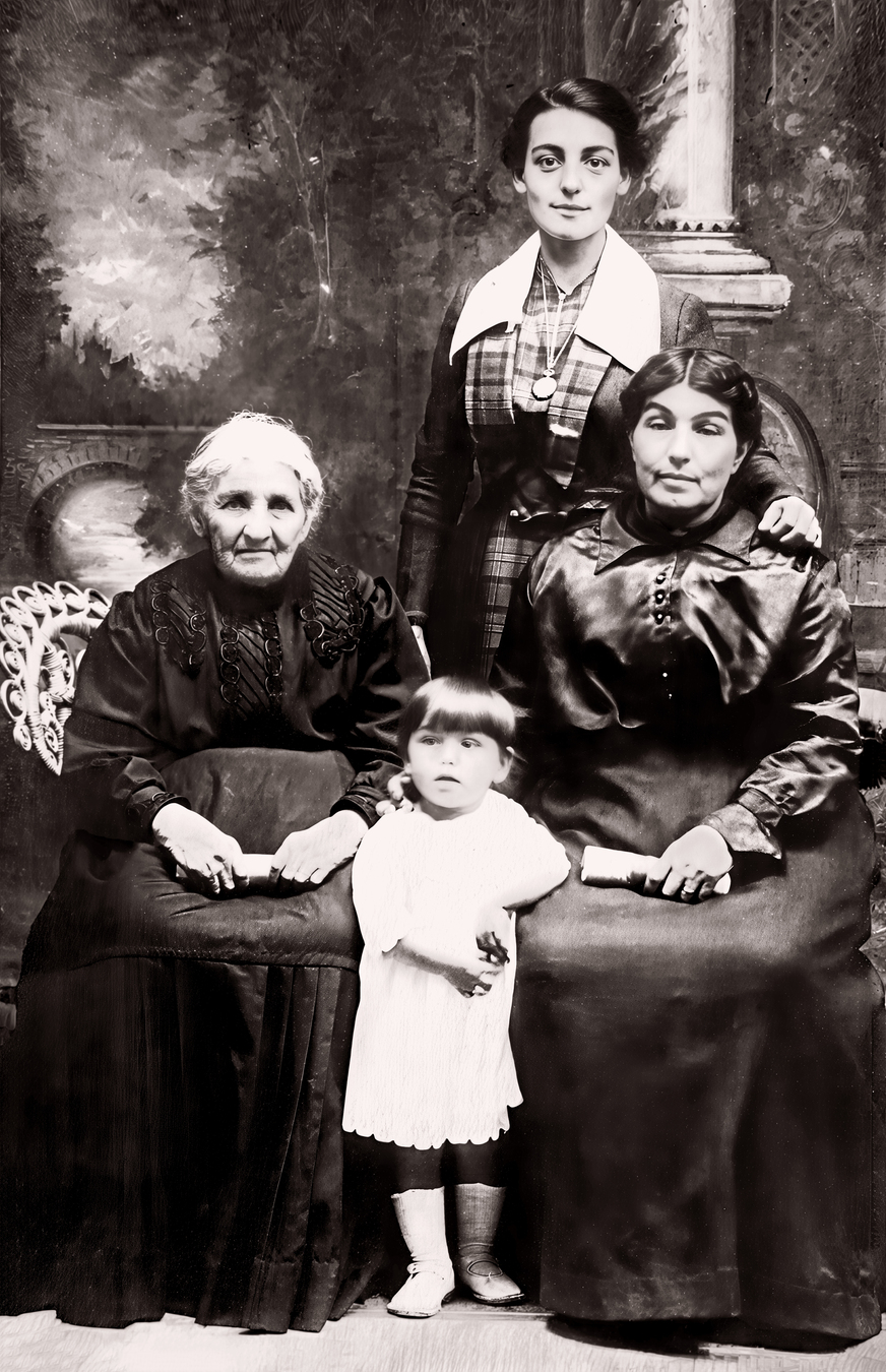 Restored black and white photos of four generations of women