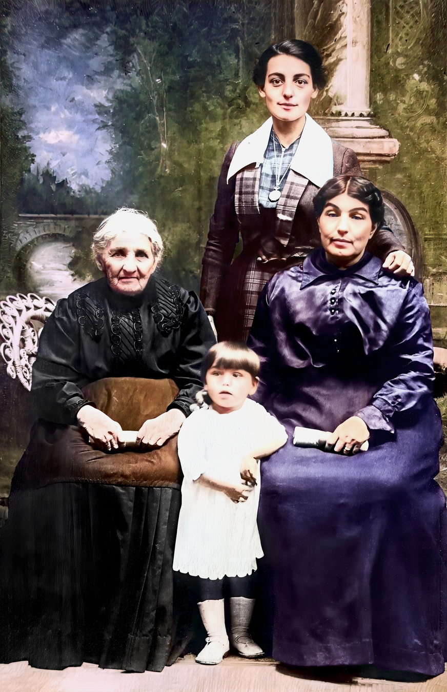 Restored color photos of four generations of women