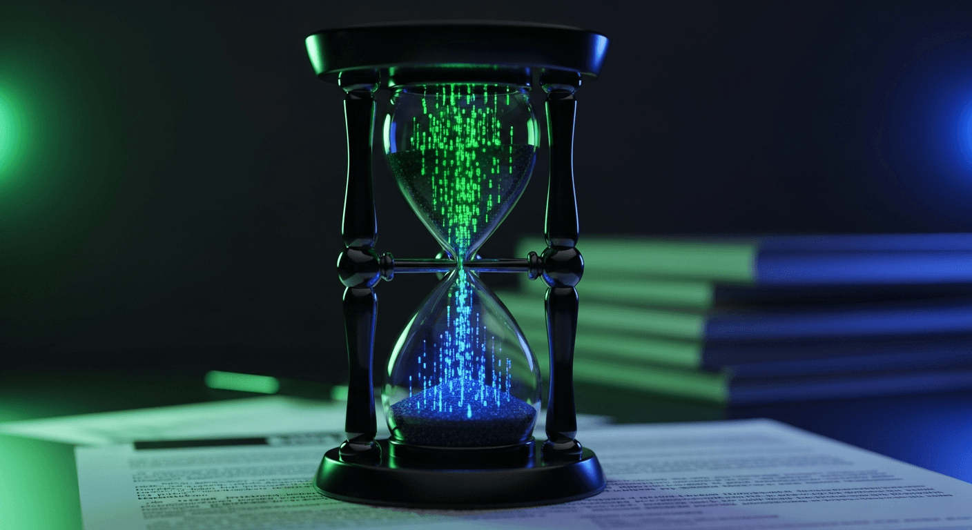 A glowing hourglass resting on a stack of professional documents