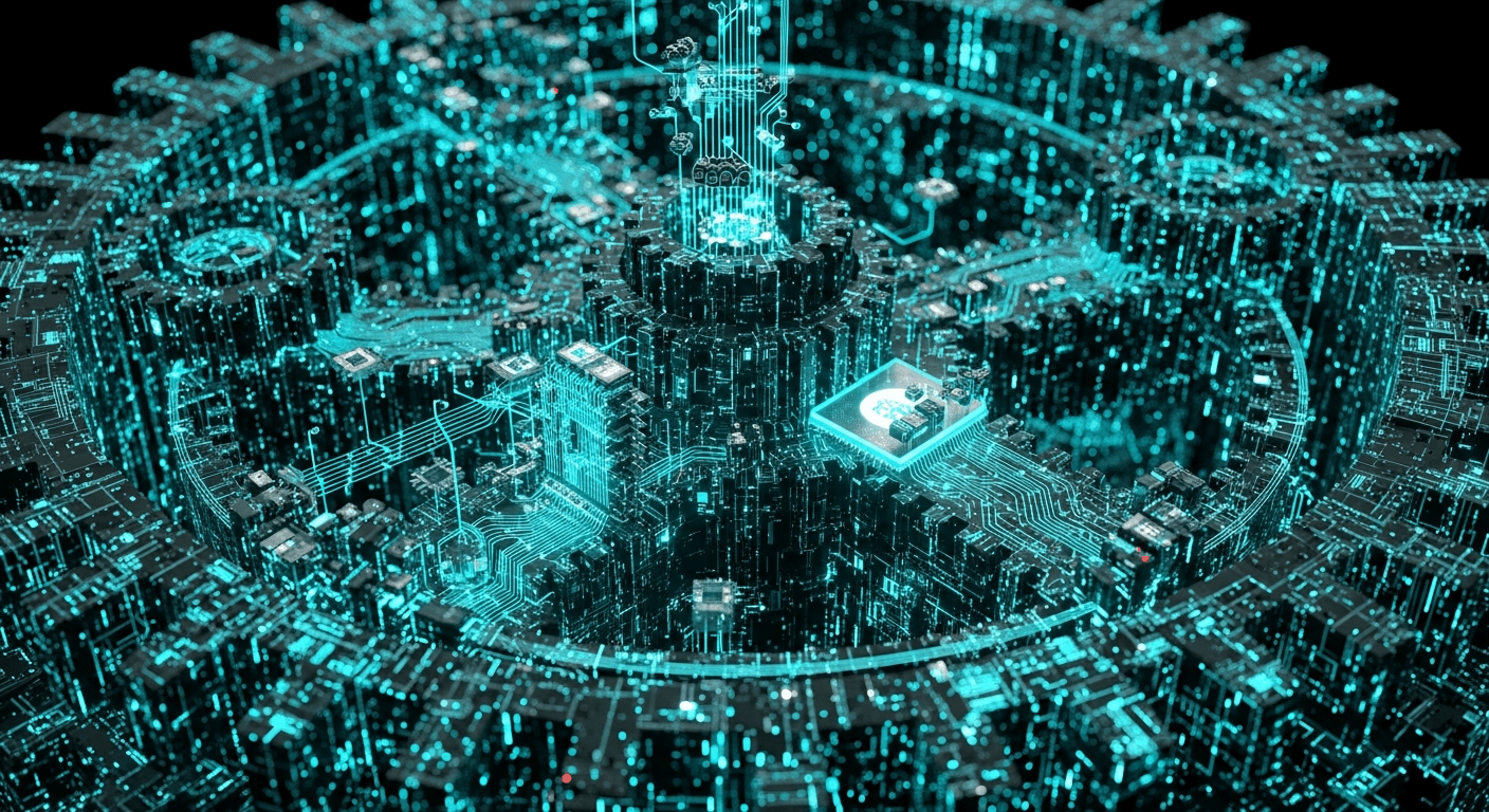 A detailed macro shot of mechanical structures formed from glowing cyan data streams representing AI reasoning architecture