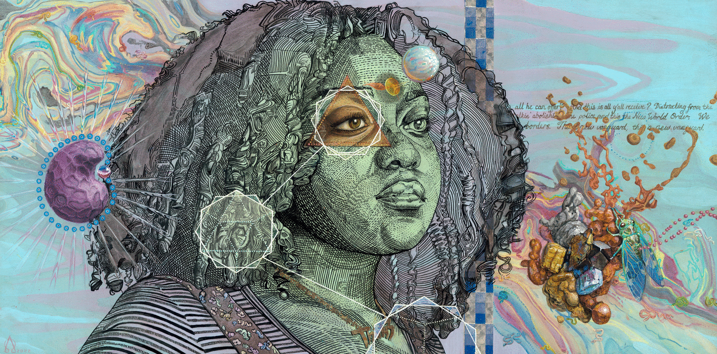 Almighty 1 by Adam One — portrait surrounded by colour and symbolic detail