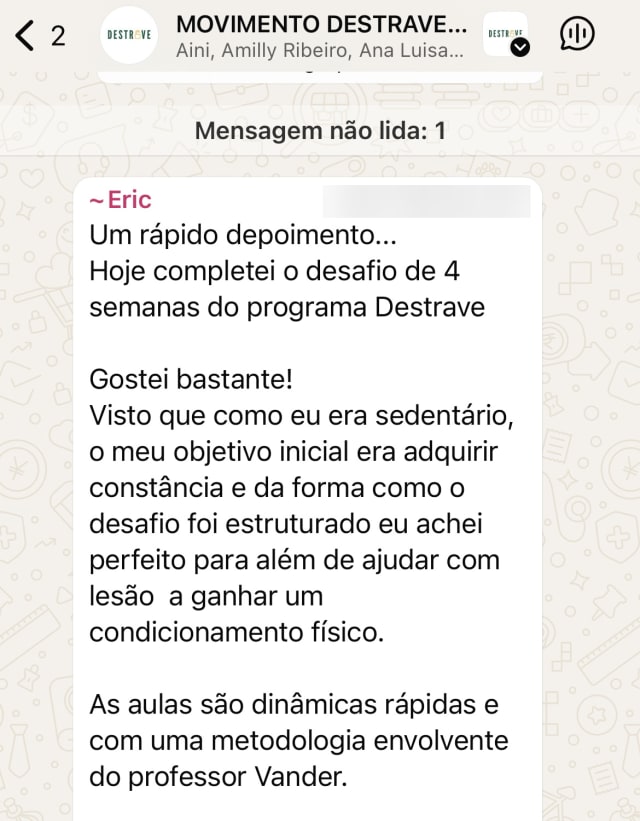 Print da mensagem do Eric no grupo de alunos do Destrave