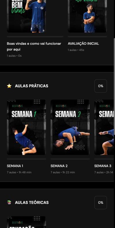 Área de membros do Destrave com as aulas práticas organizadas em semanas