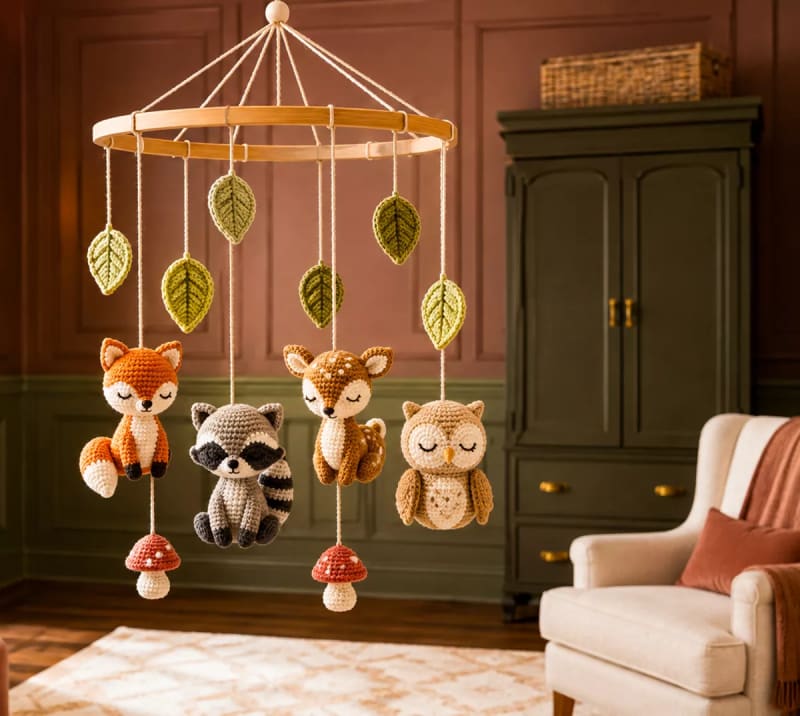 ## Woodland Animal Baby Mobile — Fox, Raccoon, Fawn & Owl
