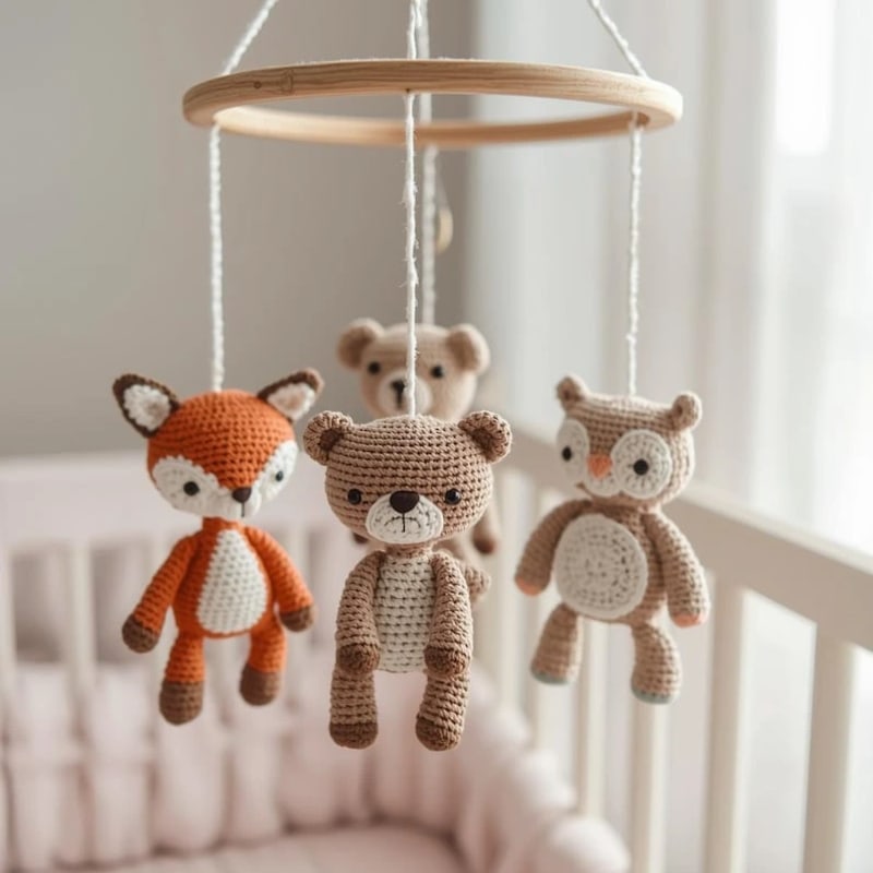 ## Woodland Animals Crochet Baby Mobile — Fox, Deer, Bear & Owl