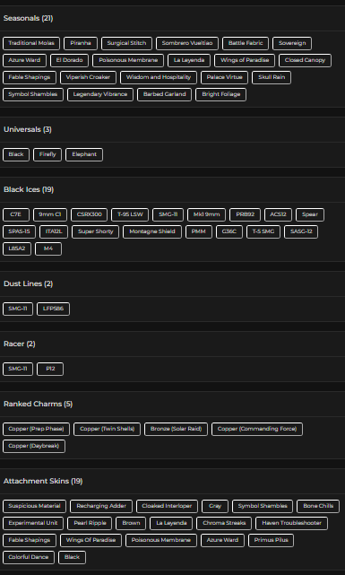 STACKED // 19 BLACK ICE // 21 SEASONALS // CHROMA STREAKS // 19 ATTACHMENT SKINS