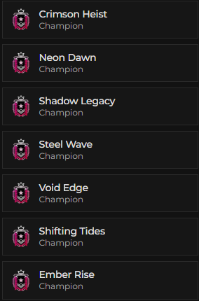 (PC/XBOX) 13x CHAMPIONS(EMBER RISE VOID EDGE) + 12x DIAMOND(DUST LINE SKULL RAIN…) + 63x SEASONALS SKINS(ONAMI) + CHROMA STREAKS + 28x BLACK ICES