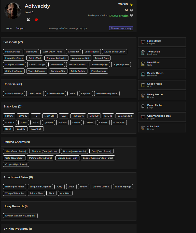 STACKED // 2X PLATINUM // 20+ BLACK ICE // 20+ SEASONALS // 300+ SKINS // CHROMA STREAKS // 5+ ELITES