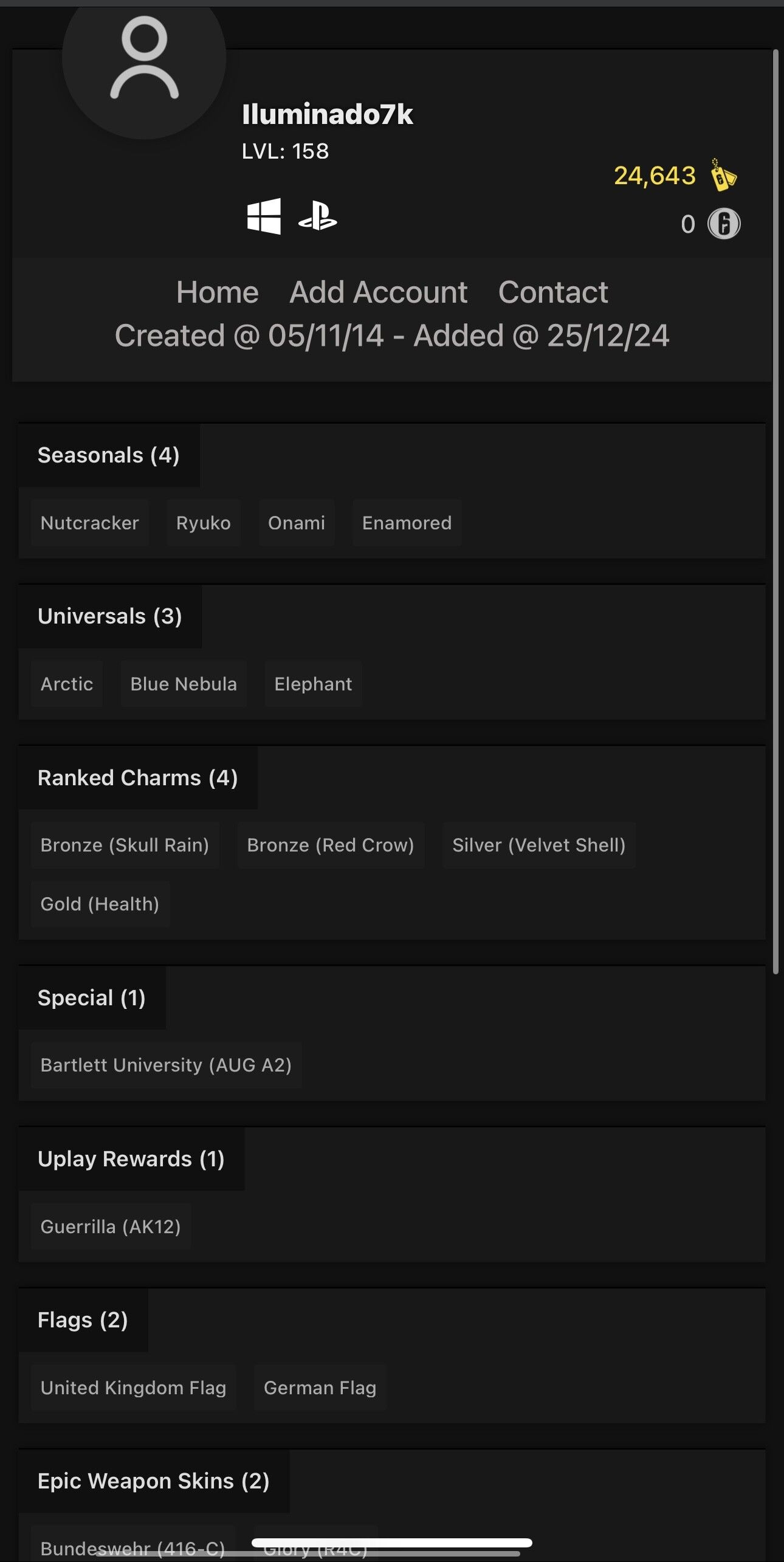 ⚡ Rare Skins ⚡158 level ✅  Onami  Nutcracker Ryuko Enamored ✅ old charms Skull Rain Red Crow Velvet Shell Health ✅and more stuff