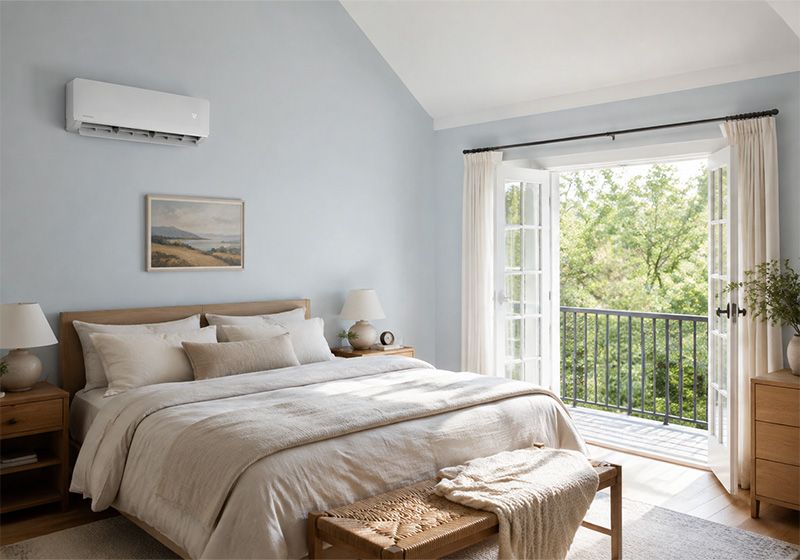 A blue bedroom with a mrcool mini-split air handler hung on the wall
