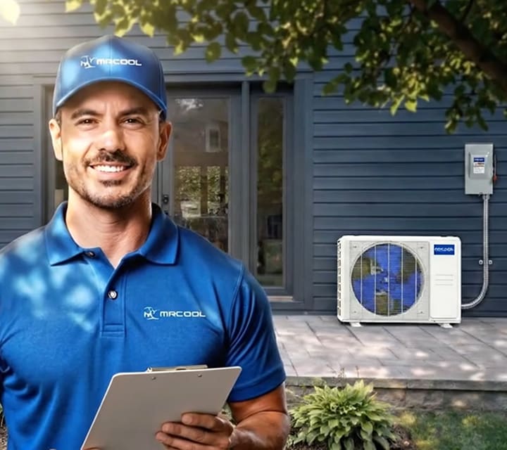 MRCOOL contractor with clipboard outside a home