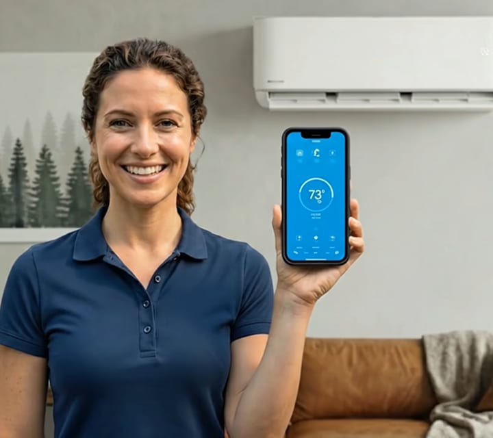 Homeowner holding a phone showing a smart home app