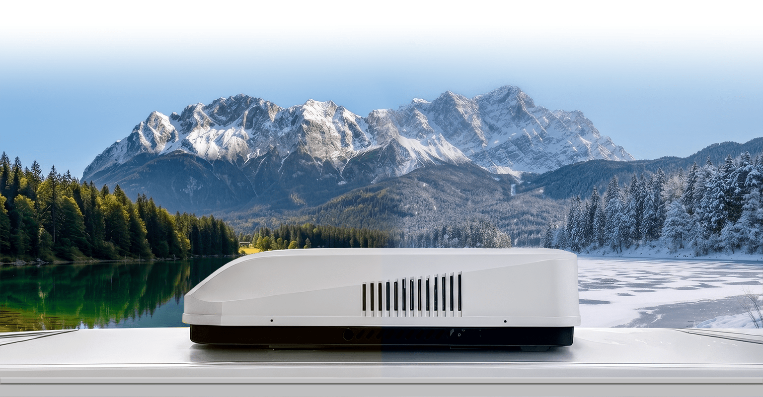 TravelCool rooftop unit on an RV between a summer lake and a snowy winter landscape.