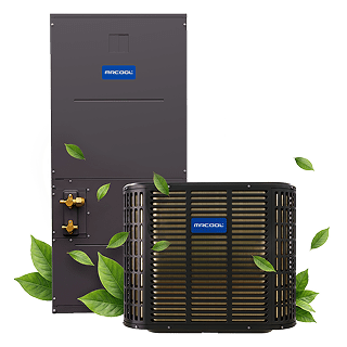 MRCOOL TruInverter air handler and condenser surrounded by green leaves