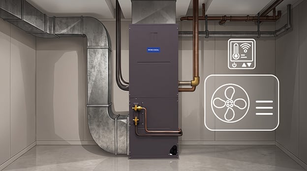 MRCOOL TruInverter air handler in a basement with thermostat and fan overlay