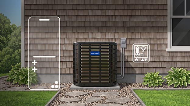MRCOOL TruInverter condenser outside a home with a thermostat and phone app overlay