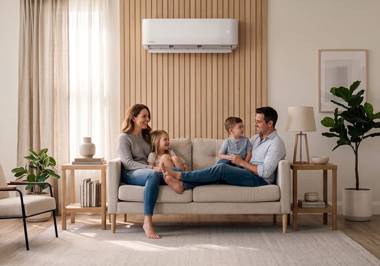 Family relaxing under a MRCOOL mini-split AC